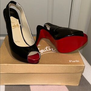 Christian Louboutin Black Patent Leather Slingback Peep Toe Heels Size 38